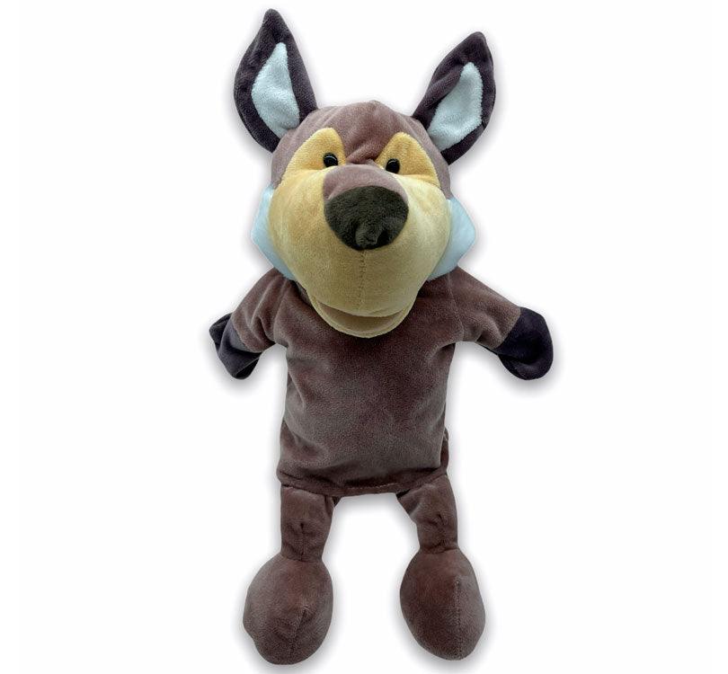 marioneta de mano Alfred el lobo en color gris tope y crema con orejas de lobo picudas y morrillo marrón