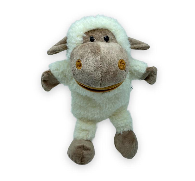 Marioneta de mano BEa la oveja en suave borreguil blanco con detalles de felpa en color marrón topo de la marca mabapu