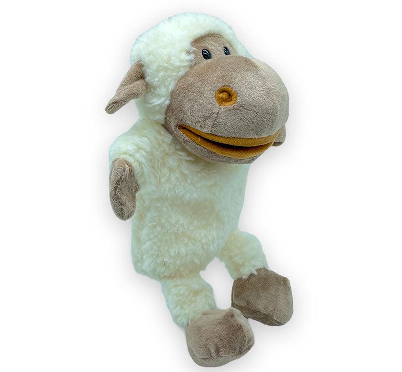 vista lateral de la Marioneta de mano BEa la oveja en suave borreguil blanco con detalles de felpa en color marrón topo de la marca mabapu