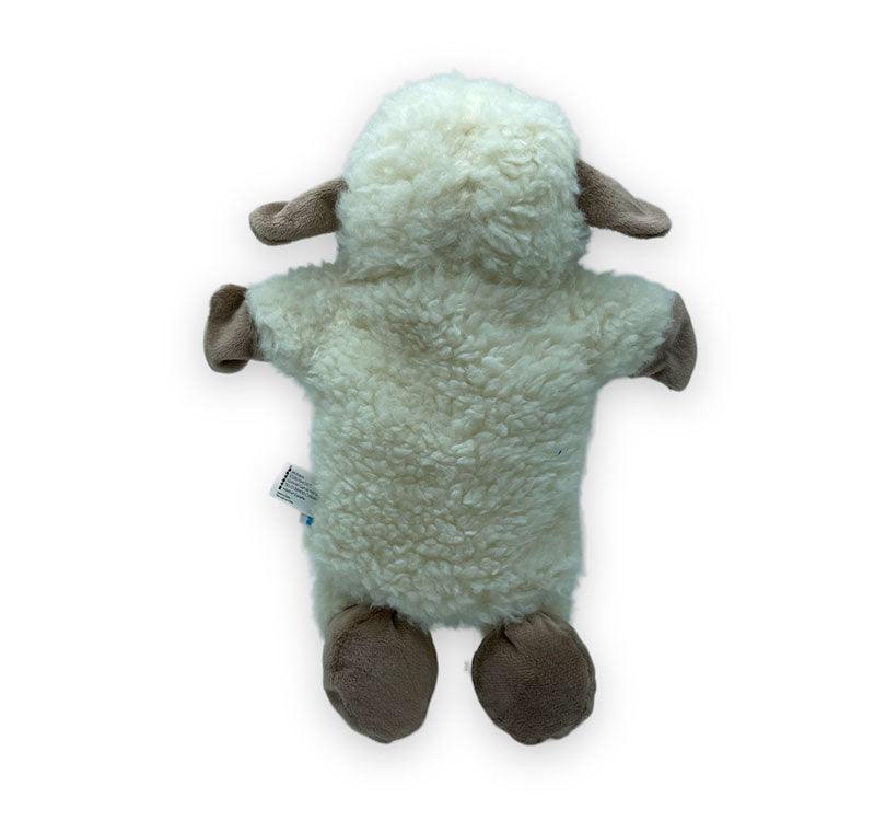 vista espalda Marioneta de mano BEa la oveja en suave borreguil blanco con detalles de felpa en color marrón topo de la marca mabapu