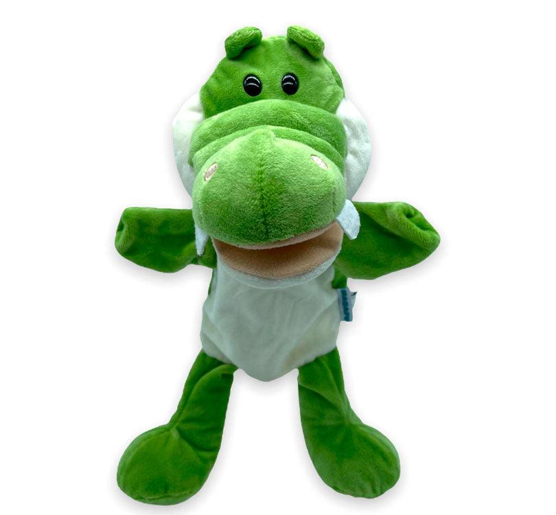 marioneta de mano de George el cocodrilo de Mabapu de forma suave confeccionada en felpa verde. y color crema