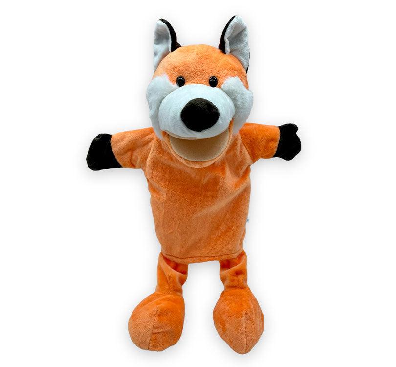 marioneta de mano de harry el zorro en suave felpa de color naranja brillante y detalles enclancho y negro de la marca mabapu