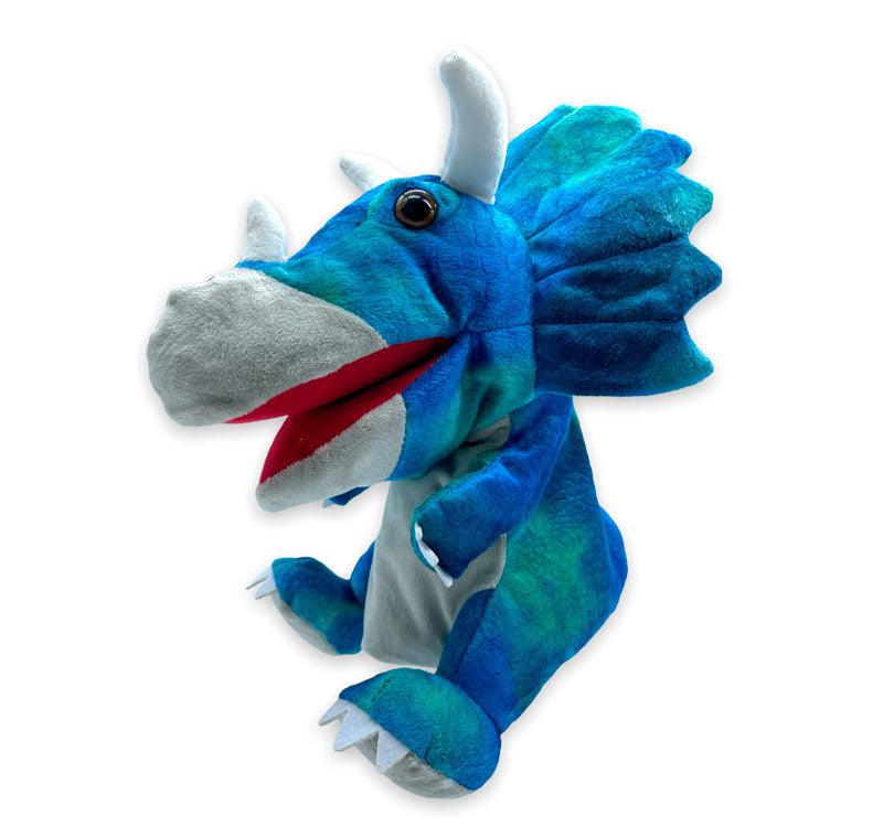 Marioneta de mano mily el triceratops en curve felpa de color azul brillante y cuernos de felpa blanca de mabapu