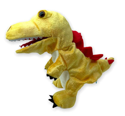 marioneta de mano dinosaurio nana estegosaurio en color amarillo y pinchos rojos en la espalda de la marca mabapu