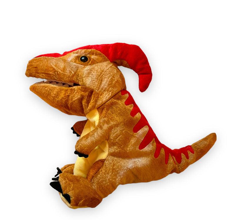 vista lateral marioneta de mano del dinosaurio PUNKO el Parasaurolophus de mabapu