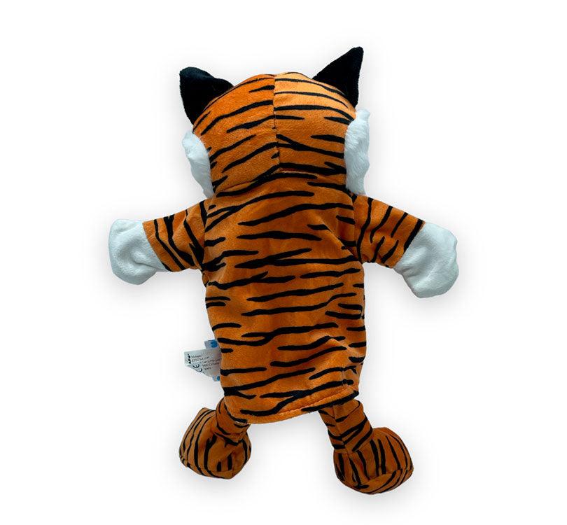 vista desde la espalda de la marioneta de mano robert el tigre con estampado animal print de tigre en naranja y negro de la marca mabapu
