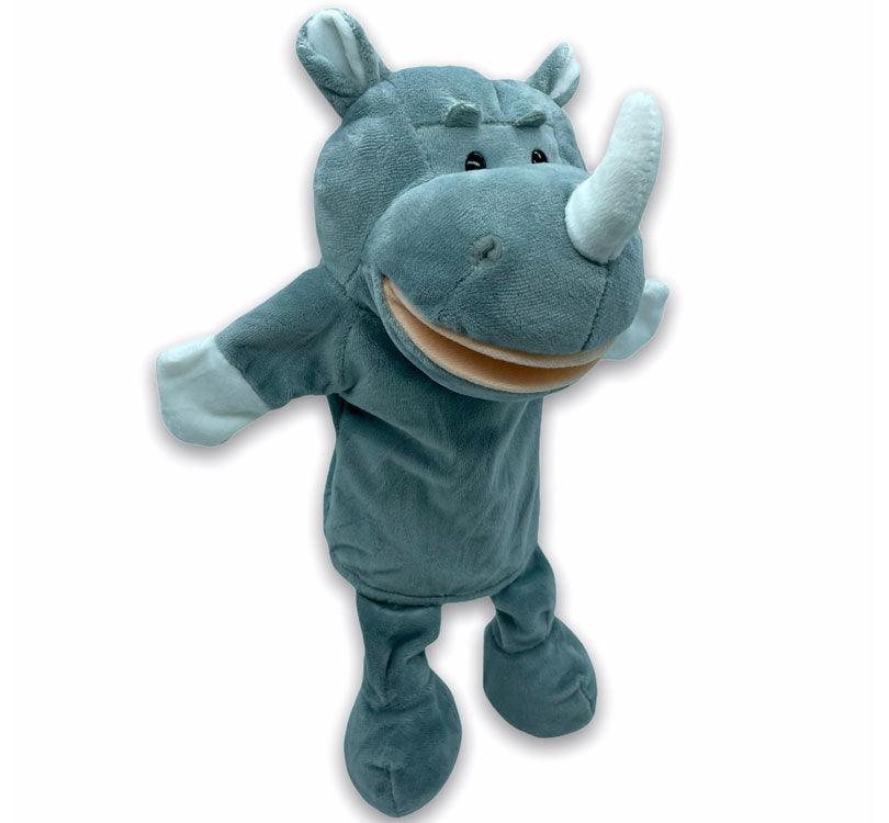 marioneta de mano Sarah la rinoceronte en felpa suave de color gris claro