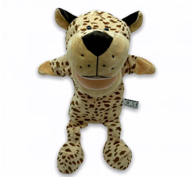 marioneta de mano Willy el guepardo con estampado animal print en crema y marron con forma de guepardo de la marca mabapu