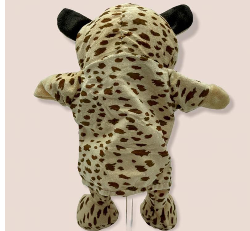 detalle de la espalda de marioneta de mano Willy el guepardo con estampado animal print en crema y marron con forma de guepardo de la marca mabapu