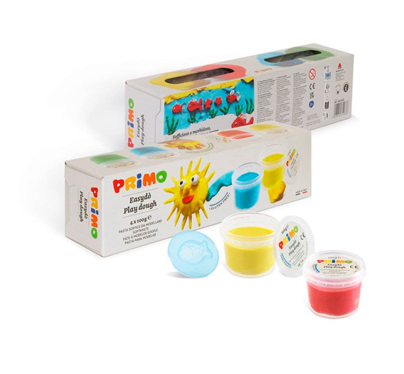 super set 4 colores BÁSICOS de masa de moldear Easydò de PRIMO! El set de 4 bloques de plastilina, de 100 gr cada uno en tonos amarillo, rojo, azul y verde ¡SON SIN GLUTEN Y 99% DE ORIGEN NATURAL!