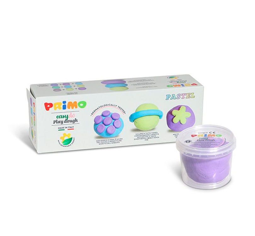 El set de 3 bloques de plastilina , de 100 gr cada uno en tonos amarillo, lila y azul celeste vasitos y pacaking caja 