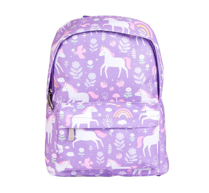 Esta adorable mochila lila tiene unicornios, flores y arco iris, ¡perfecta para el cole o la primera etapa de escuela infantil! Con un espacioso compartimento principal y un bolsillo delantero con cremallera, tirantes y panel trasero acolchados y una correa segura para el pecho VISTA FRONTAL