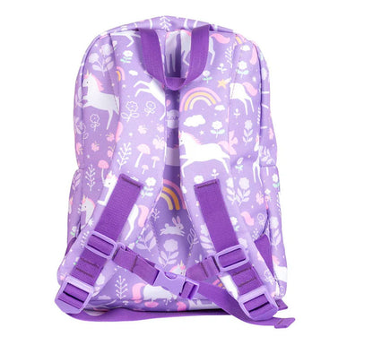 Esta adorable mochila lila tiene unicornios, flores y arco iris, ¡perfecta para el cole o la primera etapa de escuela infantil! Con un espacioso compartimento principal y un bolsillo delantero con cremallera, tirantes y panel trasero acolchados y una correa segura para el pecho VISTRA TRASERA