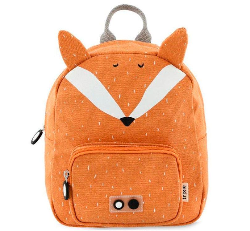 Mochila pequeña Mr. FOX con cara de zorro y color naranja fuerte. divertidas orejas picudas y bolsillo frontal de la marca trixie Baby