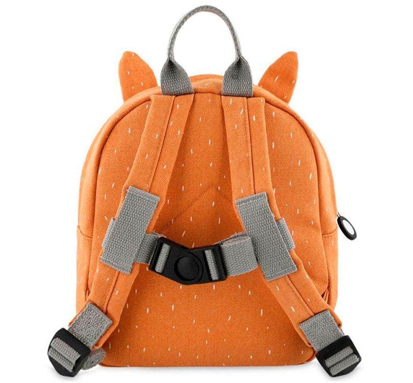 Mochila pequeña Mr. FOX con cara de zorro y color naranja fuerte. divertidas orejas picudas y bolsillo frontal de la marca trixie Baby trasera