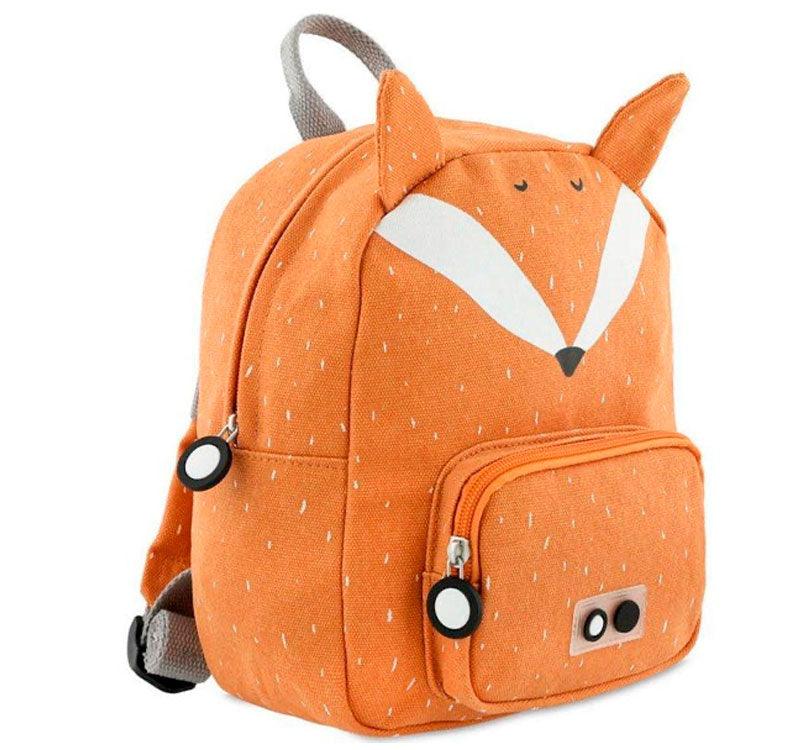 Mochila pequeña Mr. FOX con cara de zorro y color naranja fuerte. divertidas orejas picudas y bolsillo frontal de la marca trixie Baby lateral