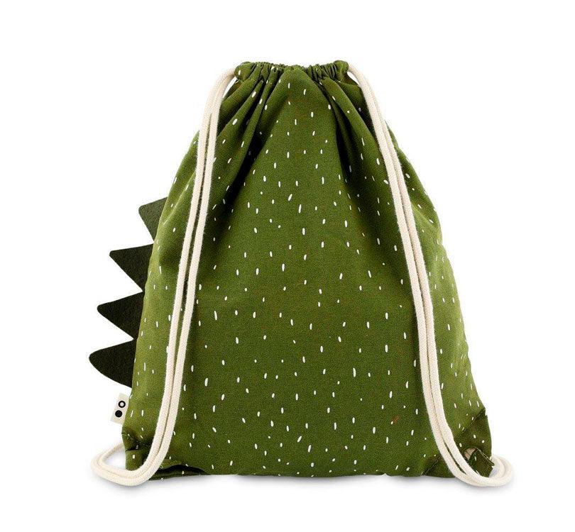 La Mochila saco Dino Trixie es perfecta para los peques de la casa de cuerdas en color verde seco trasera