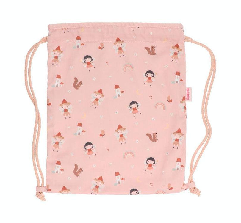 Mochila de saco con cordones laterales tela con fondo rosa con estampado de habitas del bosque de la marca tutete