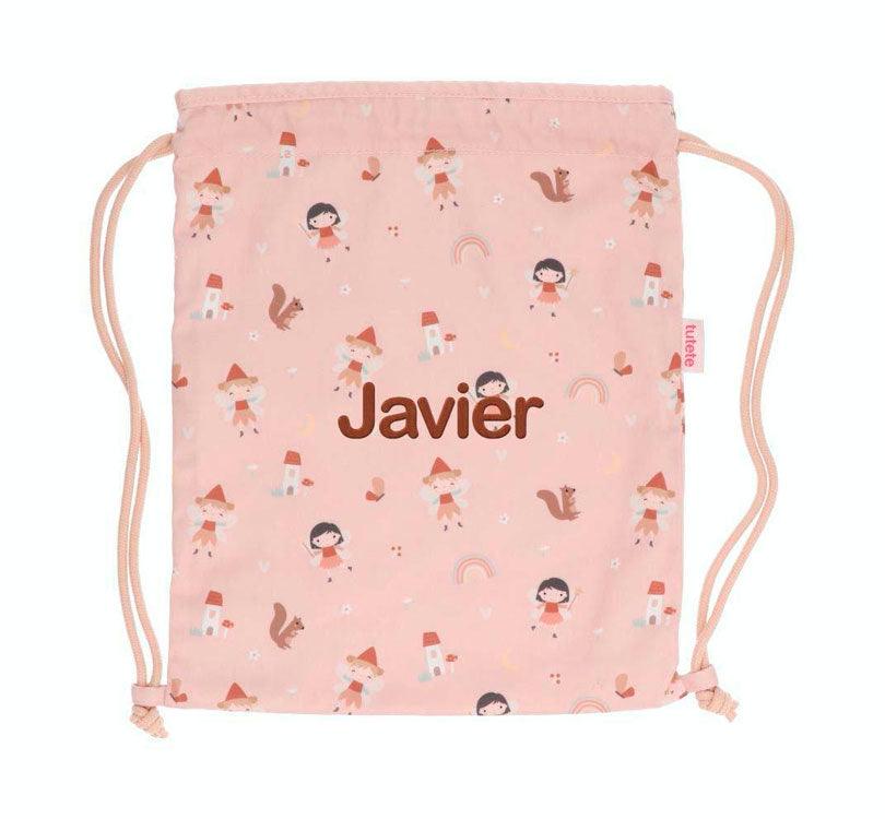 personalizada Mochila de saco con cordones laterales tela con fondo rosa con estampado de habitas del bosque de la marca tutete