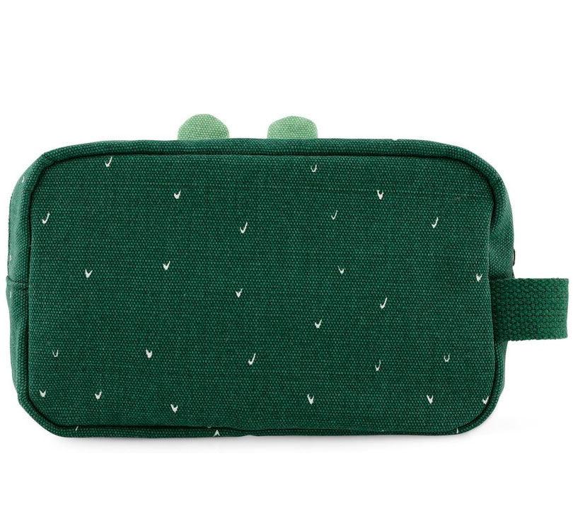 trasera del Neceser con forma de la colección COCODRILO de trixie Con un amplio bolsillo con cierre de cremallera y un pequeño bolsillo interior. Con asa para llevarlo cómodamente. en color verde brillante