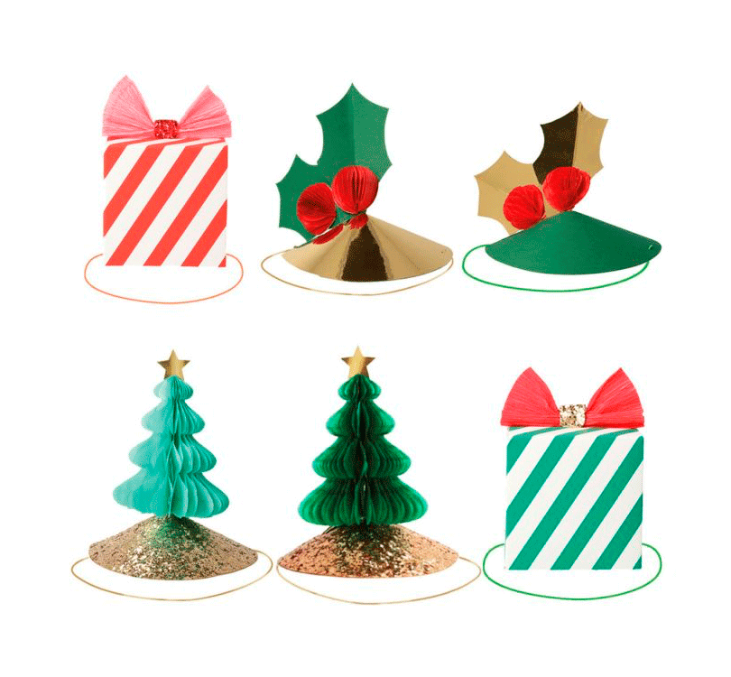 6 sombreros diferentes: con árboles de Navidad en 3D, acebo y regalos, todo en alegres colores de rojo, verde y dorado con detalles de papel de brillante y purpurina. marca Meri mEri