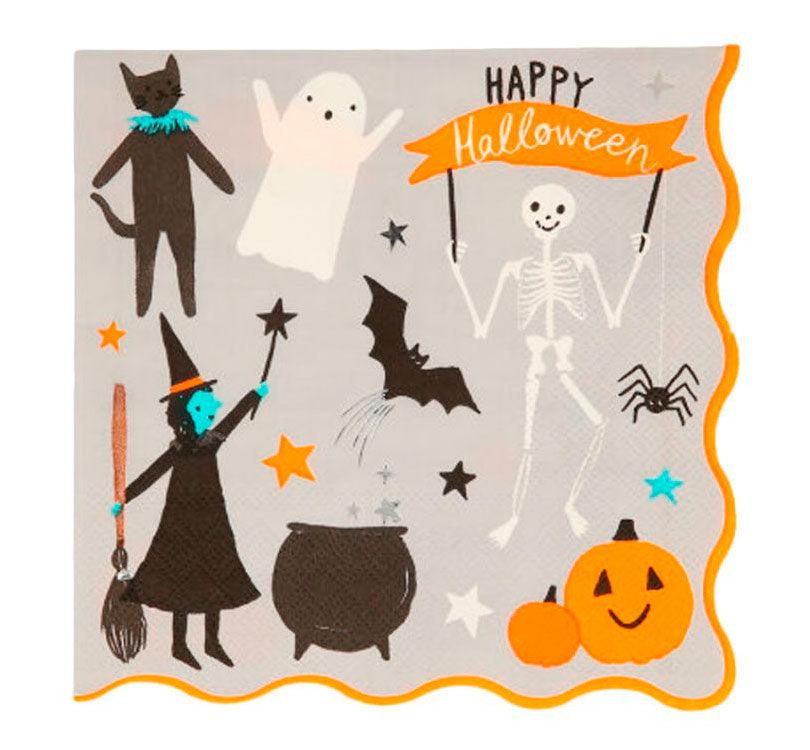 set de 16 servilletas de papel Meri Meri para Halloween! Con divertidos diseños de arañas, calabazas, fantasmas, murciélagos, calaveras y estrellas, ¡nuestras servilletas añadirán un toque mágico a tu fiesta! de la marca Meri meri