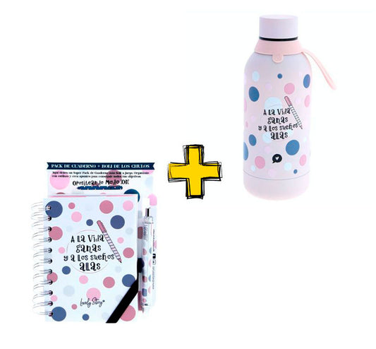 Qué mejor que un Pack para que tome sus notas y pueda llevar siempre agua fresquita? La preciosa libreta con boli a juego y una botella que mantiene el agua a buena temperatura con una divertida dedicatoria a la mejor profe! ¡Súper pack!