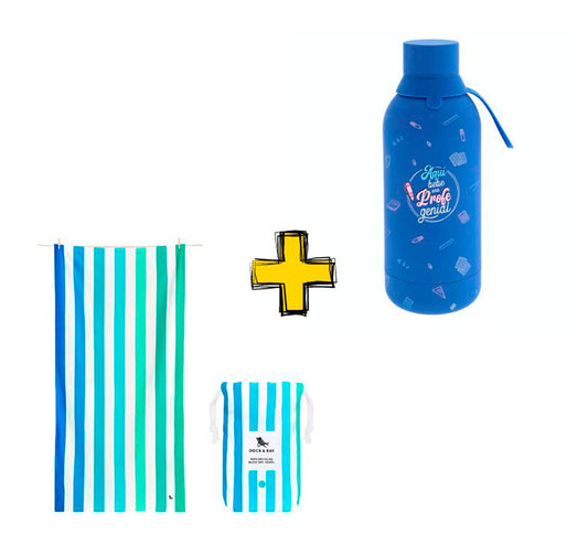 ¿Qué mejor que un Pack que huele a Verano? La increíble toalla antiarena Deep blue de Dock and Bay y una botella que mantiene el agua súper fresquita con una divertida dedicatoria a la mejor profe! ¡Súper pack!