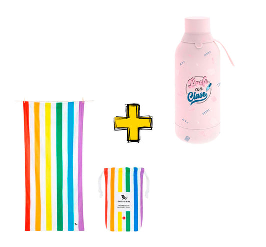 n Pack que huele a Verano? La increíble toalla antiarena Rainbow de Dock and Bay y una botella que mantiene el agua súper fresquita con una divertida dedicatoria a la mejor profe! ¡Súper pack!