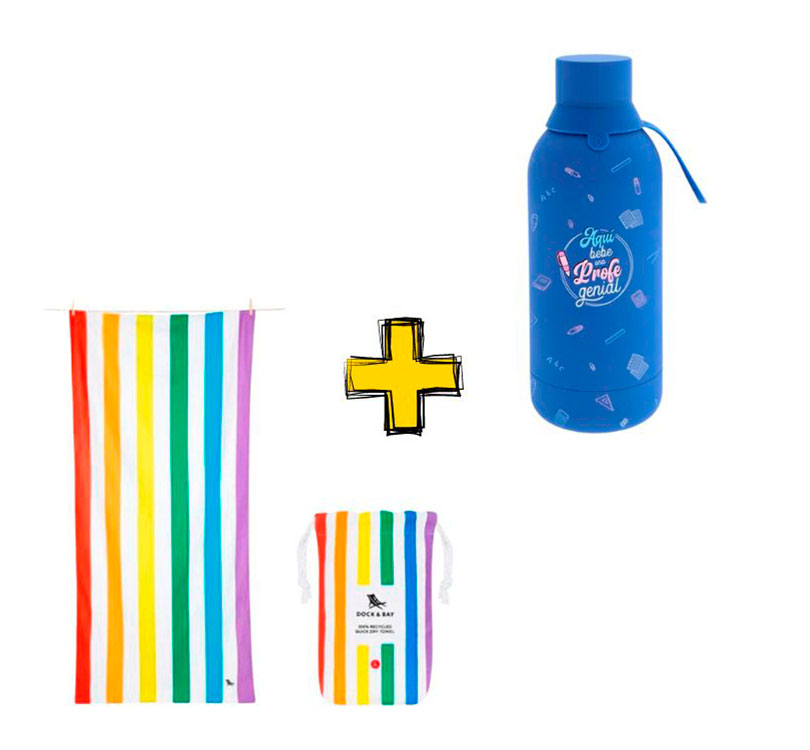 n Pack que huele a Verano? La increíble toalla antiarena Rainbow de Dock and Bay y una botella que mantiene el agua súper fresquita con una divertida dedicatoria a la mejor profe! ¡Súper pack! azul