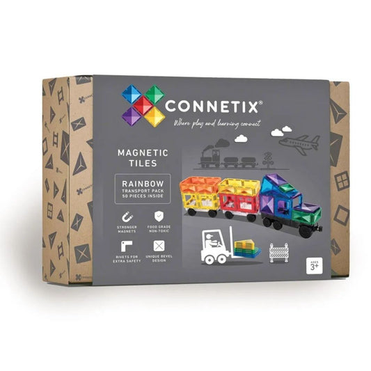 pack TRANSPORTES de 50 piezas imantadas Arcoiris, podrás armar divertidos Vehiculos con las piezas magnéticas de Connetix. Caja