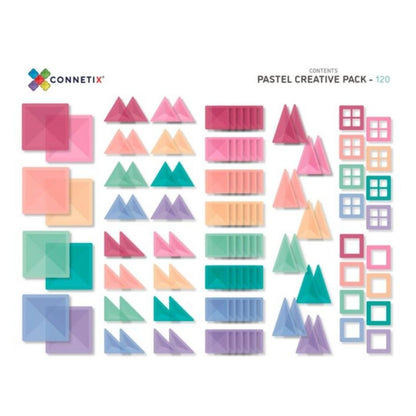 Pack creativo 120 piezas magnéticas Pastel, podrás construir increíbles construcciones magnéticas con Connetix. contenido caja