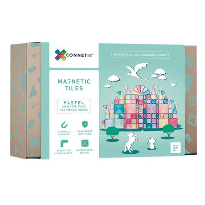 Pack creativo 120 piezas magnéticas Pastel, podrás construir increíbles construcciones magnéticas con Connetix. Caja