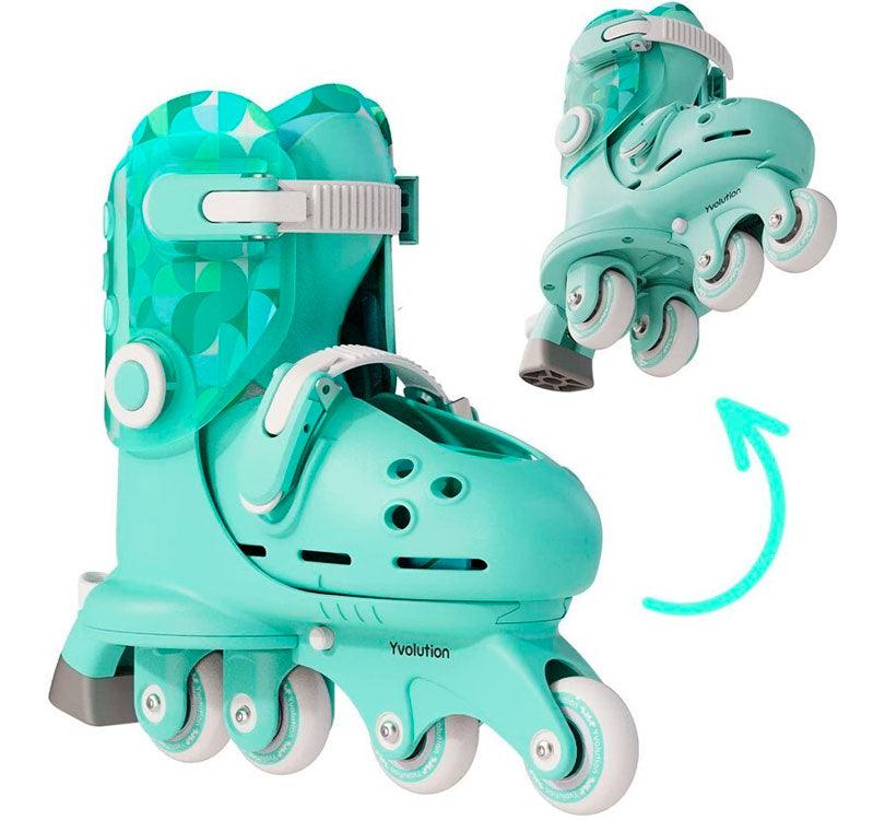  patines evolutivos Yvolution Twista!  Con un ajuste sencillo en 4 tallas (de la 24 a la 28), podrás deslizarte fácilmente y descubrir nuevas emociones sobre ruedas. Sus ruedas traseras modulares te permiten cambiar de configuración sin complicaciones, ya sea en línea o en paralelo, 