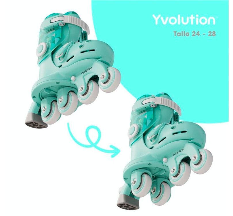 INFOR GRAFIA DE LOS  patines evolutivos Yvolution Twista!  Con un ajuste sencillo en 4 tallas (de la 24 a la 28), podrás deslizarte fácilmente y descubrir nuevas emociones sobre ruedas. Sus ruedas traseras modulares te permiten cambiar de configuración sin complicaciones, ya sea en línea o en paralelo, 