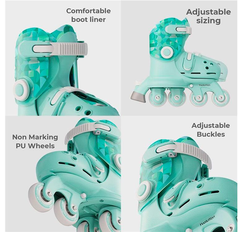 INFOGARFIA CON DETALLES DE LOS  patines evolutivos Yvolution Twista!  Con un ajuste sencillo en 4 tallas (de la 24 a la 28), podrás deslizarte fácilmente y descubrir nuevas emociones sobre ruedas. Sus ruedas traseras modulares te permiten cambiar de configuración sin complicaciones, ya sea en línea o en paralelo, 