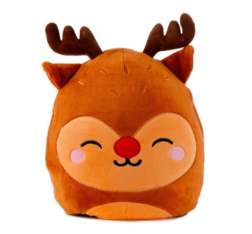 cara de reno del peluche reversible  Papá Noel. Es ideal como cojín infantil, confeccionado con un tejido muy suave y  blandito.