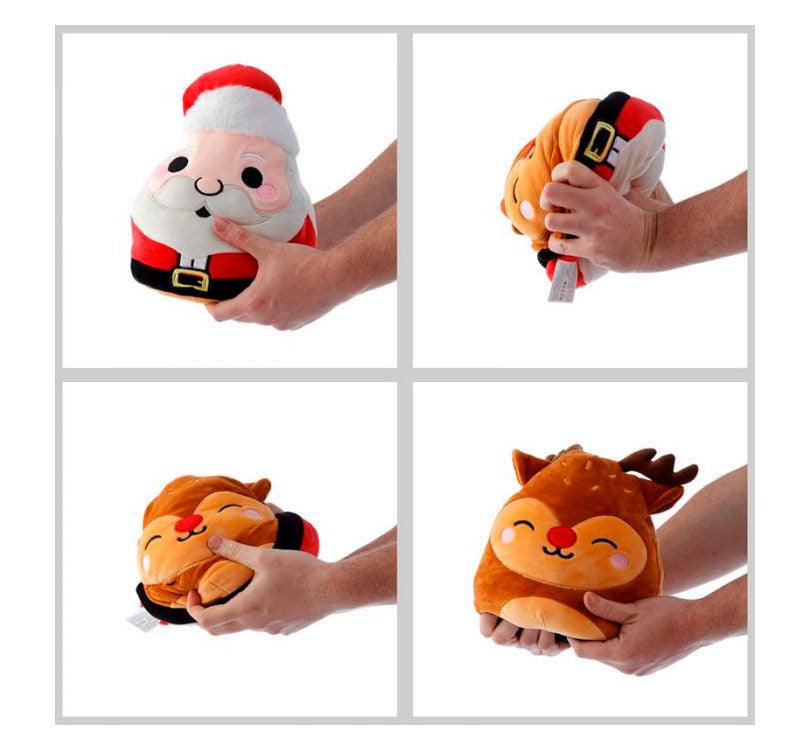 guia de uso del peluche reversible  Papá Noel. Es ideal como cojín infantil, confeccionado con un tejido muy suave y  blandito.