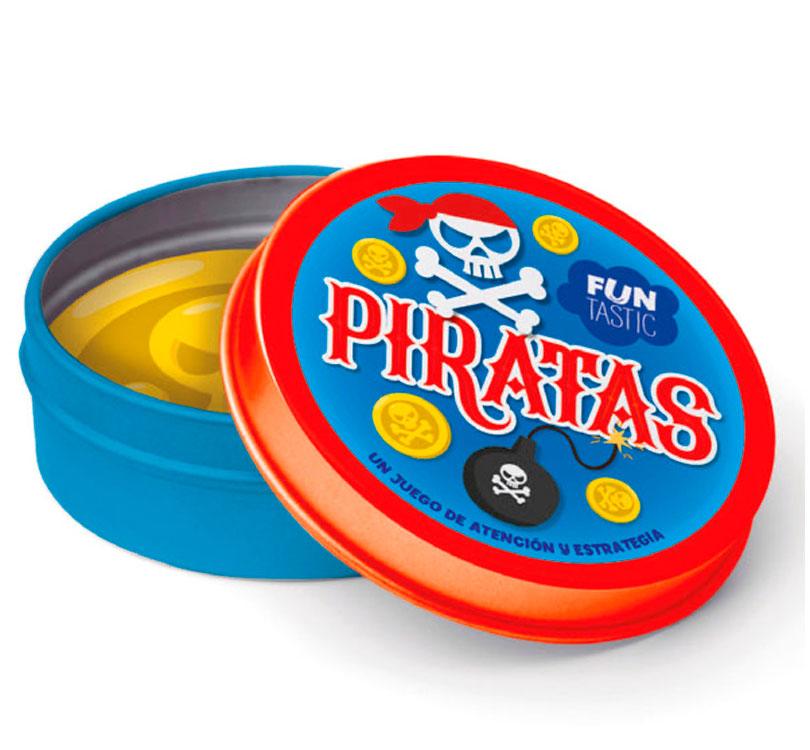 lata metálica circular del juego piratas en color rojo y azul con el dibujo de un pirata
