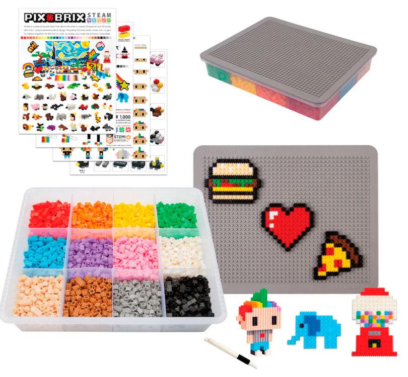 caja de Pix Brix de 300 piezas con fotos de color  representativo de cada color contenido con la caja y la placa de soporte gris
