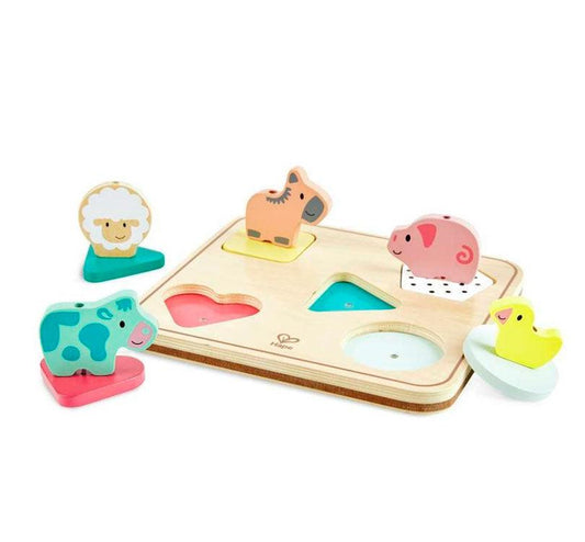 encajable de 5 animales de granja con sonido! Piezas de madera en 3D y grandes como para caber en las manitas de los más pequeños. ¡Con este divertido puzzle, los niños descubrirán y emparejarán soniditos de animales!