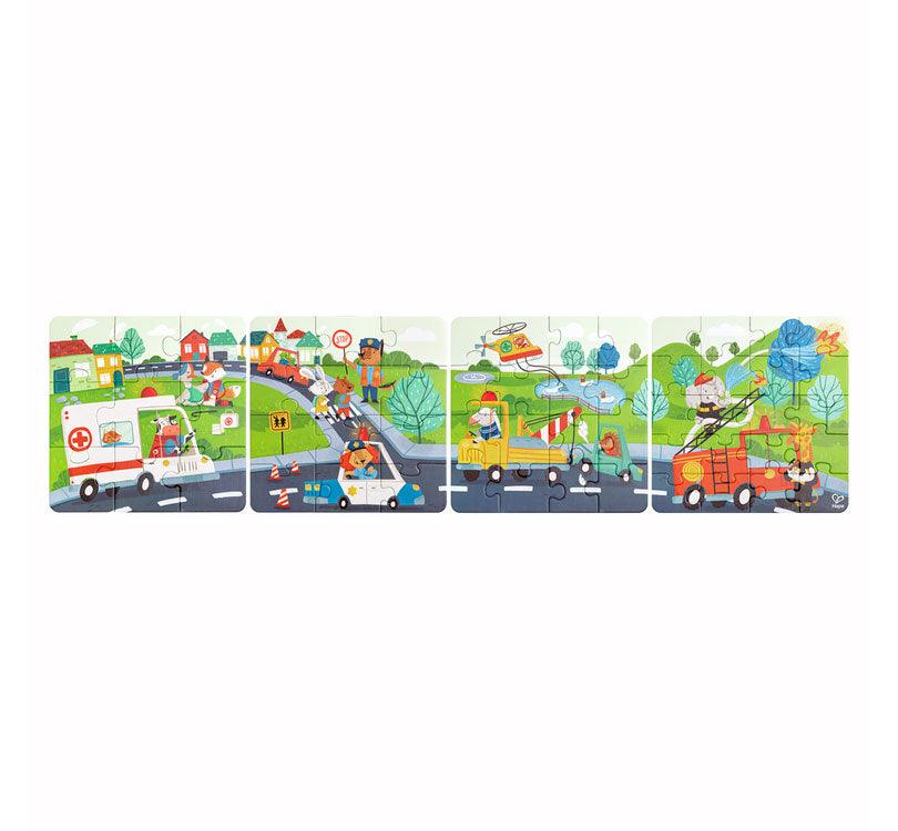 aventura de rescate con este juego de puzles multipack. Consta de cuatro puzzles separados con diferentes piezas. Puedes probar primero con el puzzle de pocas piezas y luego pasar al más grande.