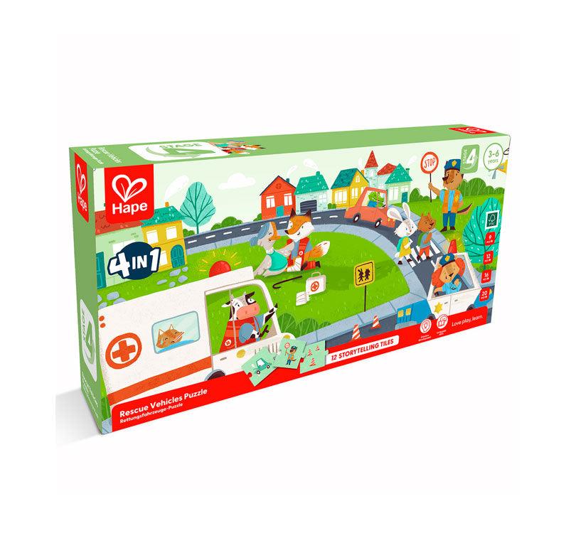 aventura de rescate con este juego de puzles multipack. Consta de cuatro puzzles separados con diferentes piezas. Puedes probar primero con el puzzle de pocas piezas y luego pasar al más grande. caja Hape