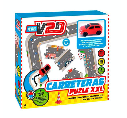 caja del Puzzle XXL Infinito de carreteras! Con 20 piezas y un coche eléctrico incluido, este juego te permitirá construir tus propias rutas y ¡que el coche se mueva solo!  Las piezas tienen el dorso blanco, lo que te brinda la oportunidad de crear caminos personalizados con cinta negra o un rotulador negro. ¡Observa cómo el coche sigue los caminos trazados gracias a su sensor!