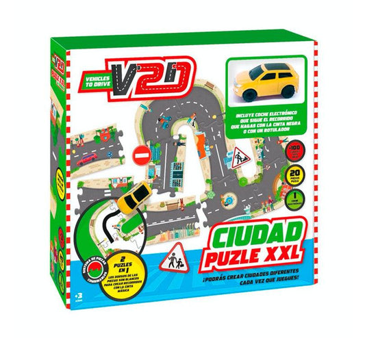 Puzzle XXL Infinito de la Ciudad! Con 20 piezas y un coche eléctrico incluido, este juego te permitirá construir tus propias calles y rutas por la ciudad y ¡que el coche se mueva solo!  Las piezas tienen el dorso blanco, lo que te brinda la oportunidad de crear caminos personalizados con cinta negra o un rotulador negro. ¡Observa cómo el coche sigue los caminos trazados gracias a su sensor!