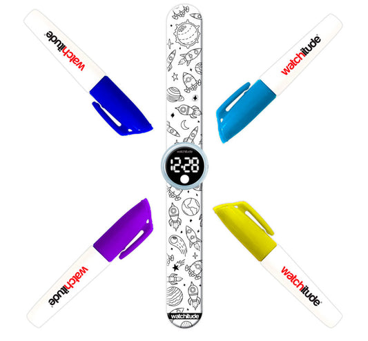  relojes Slap coloreables de Watchitude. Aprenderá a gestionar la hora mientras que se divierte coloreando la correa (se lava y vuelta a empezar, una fantasía)&nbsp; y la correa se cierra dado un golpe a la muñeca ¡Slap!  modelos espacio