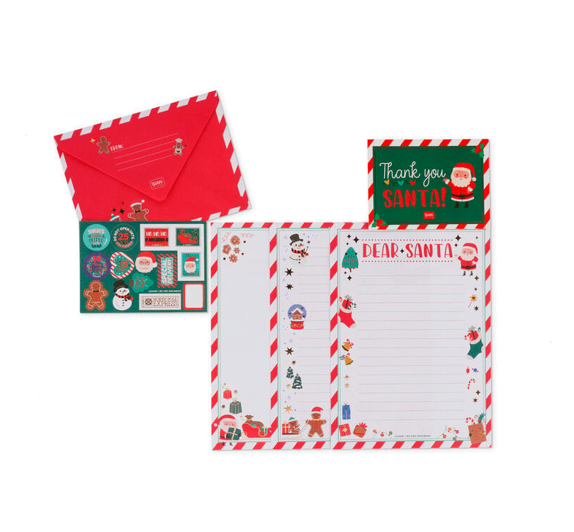 Kit para Escribir la Carta a Papá Noel Dear Santa de Legami. Escribe todo lo que deseas encontrar bajo el árbol en las 3 cartas en blanco, mételas en el sobre temático, añade la postal para darle las gracias a Papá Noel y decóralo todo con las pegatinas  set de Legami