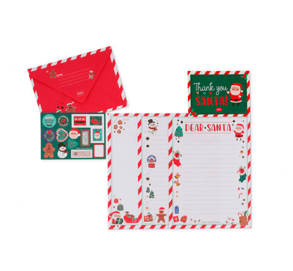 Kit para Escribir la Carta a Papá Noel Dear Santa de Legami. Escribe todo lo que deseas encontrar bajo el árbol en las 3 cartas en blanco, mételas en el sobre temático, añade la postal para darle las gracias a Papá Noel y decóralo todo con las pegatinas  set de Legami