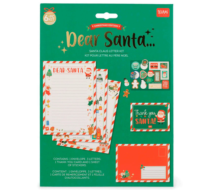 Kit para Escribir la Carta a Papá Noel Dear Santa de Legami. Escribe todo lo que deseas encontrar bajo el árbol en las 3 cartas en blanco, mételas en el sobre temático, añade la postal para darle las gracias a Papá Noel y decóralo todo con las pegatinas  set de Legami packaging cartas a papa noel