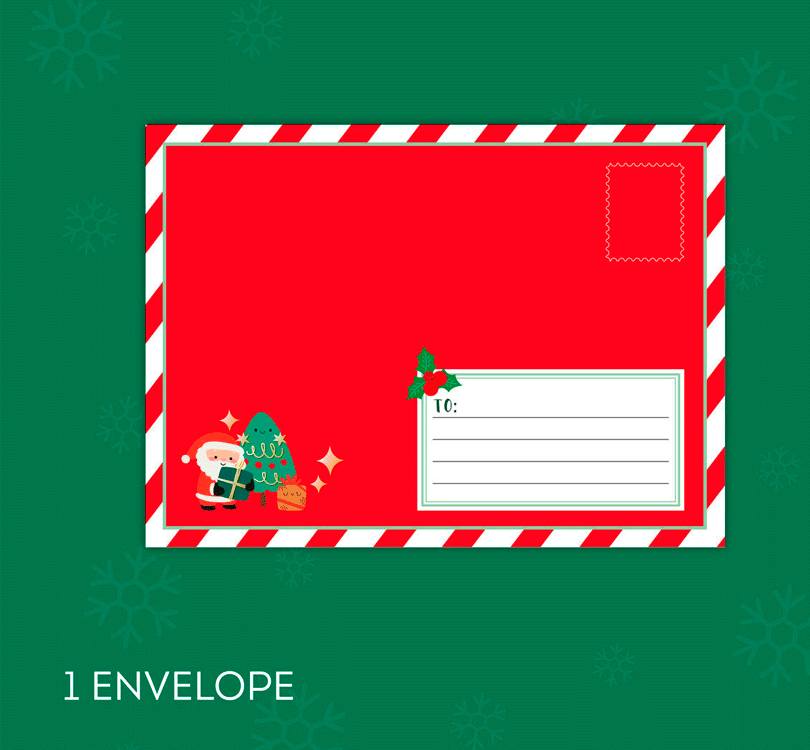 Kit para Escribir la Carta a Papá Noel Dear Santa de Legami. Escribe todo lo que deseas encontrar bajo el árbol en las 3 cartas en blanco, mételas en el sobre temático, añade la postal para darle las gracias a Papá Noel y decóralo todo con las pegatinas  set de Legami sobre rojo